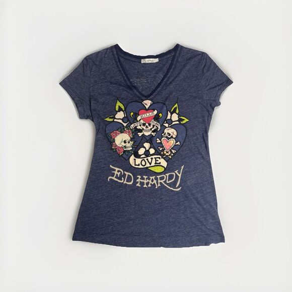 Ed Hardy Tops - Ed Hardy Rose Skull Graphic Tattoo Y2K Christian Audigier Women’s Shirt Large